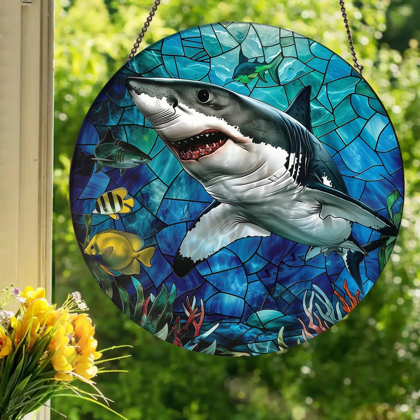 Great White Shark: Stained Glass Style Window Hanging