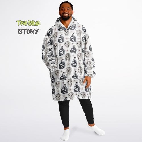 Skulls Print Reversible Adult Snug Hoodie,Haloween Printed Oversized Double Sided Hoodie Blanket,Warm Blanket with Sleeves,Unique Gift