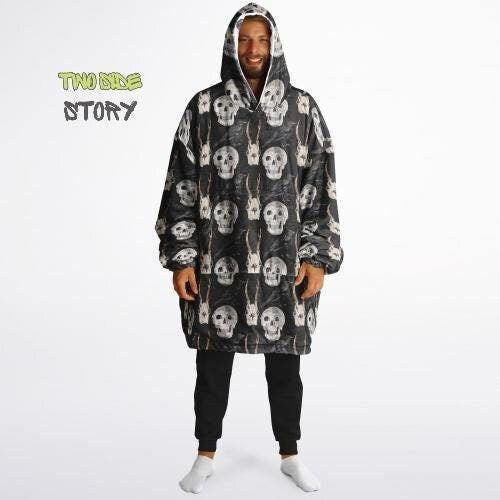 Skulls Print Reversible Adult Snug Hoodie,Haloween Printed Oversized Double Sided Hoodie Blanket,Warm Blanket with Sleeves,Unique Gift