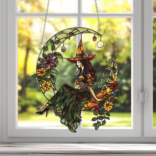 Witch And Moon Acrylic Window Hangings, Witch Ornament, Halloween Gothic Decor, Scary Decor,Spooky Home Decor,Halloween Gift,Halloween Decor