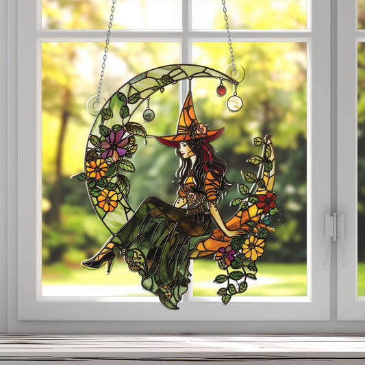 Witch And Moon Acrylic Window Hangings, Witch Ornament, Halloween Gothic Decor, Scary Decor,Spooky Home Decor,Halloween Gift,Halloween Decor