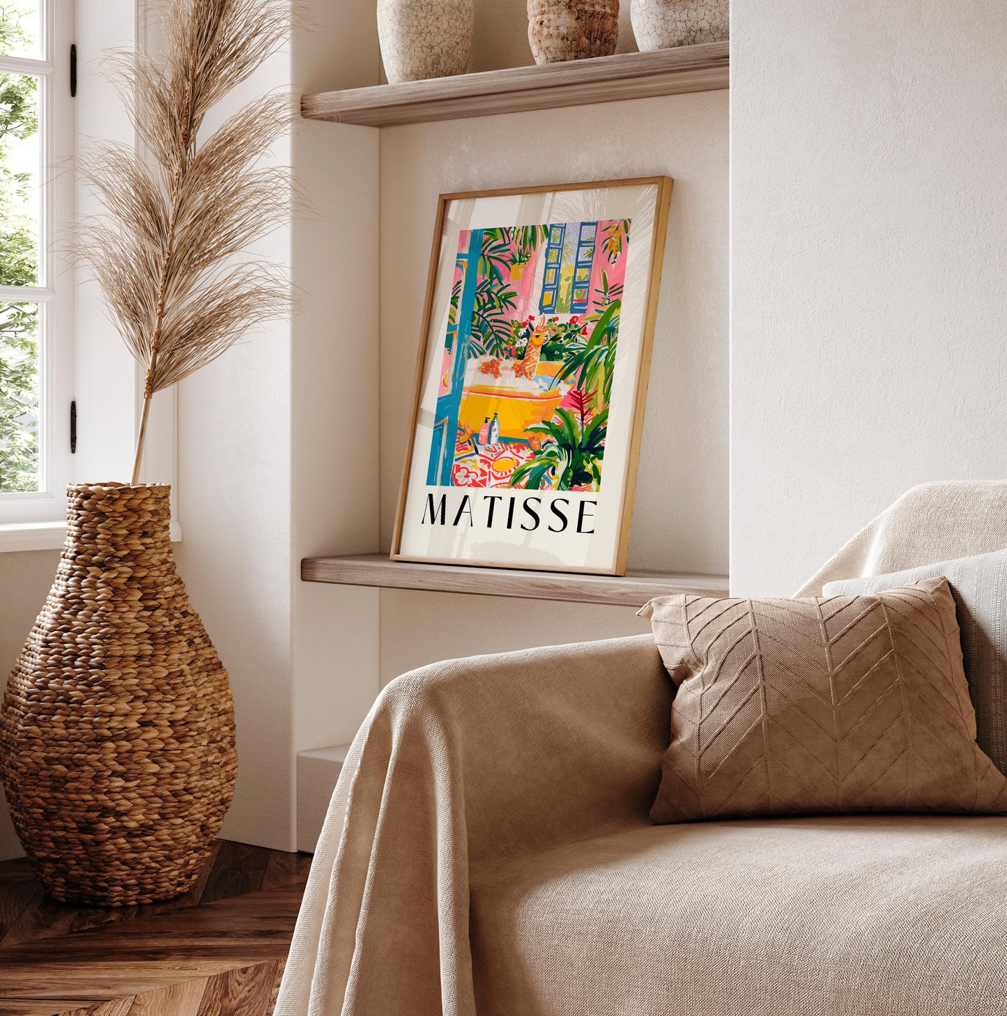 Matisse art print, Llama art print, Bathroom decor, Pink wall art, Animal print