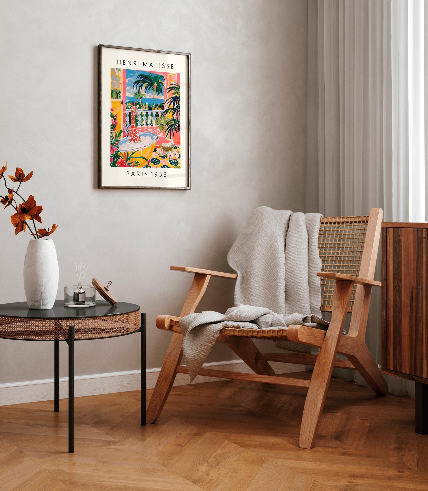 Giraffe in bathtub inspired by Matisse art, Funny poster, Mid century print, Pink bathroom decor, Tropical flowers wall art