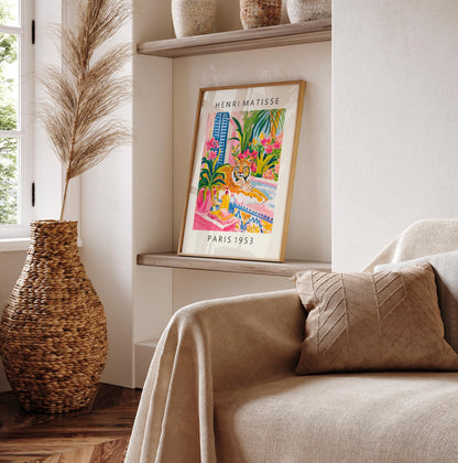 Lynx in bathtub funny poster, Matisse art print, Bathroom decor, Pink tropical wall art, Animal print