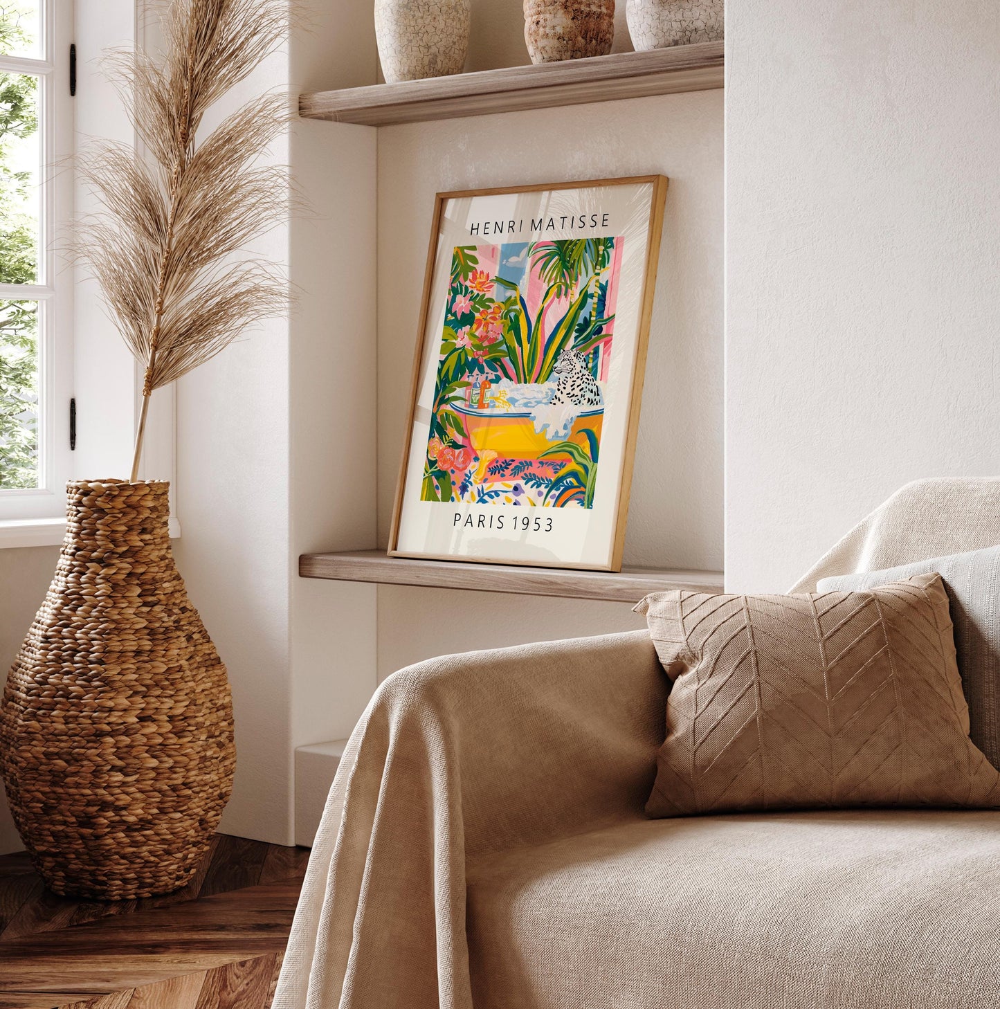 Snow leopard art print, Matisse poster, Pink wall art, Bathroom decor, Mediterranean art