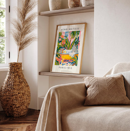 Snow leopard art print, Matisse poster, Pink wall art, Bathroom decor, Mediterranean art