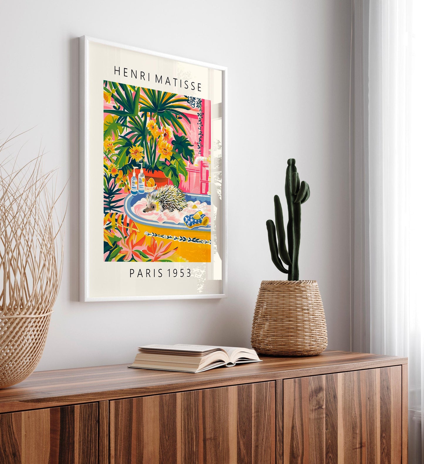 Hedgehog in Bathtub Art Print: Matisse Style Maximalist Decor