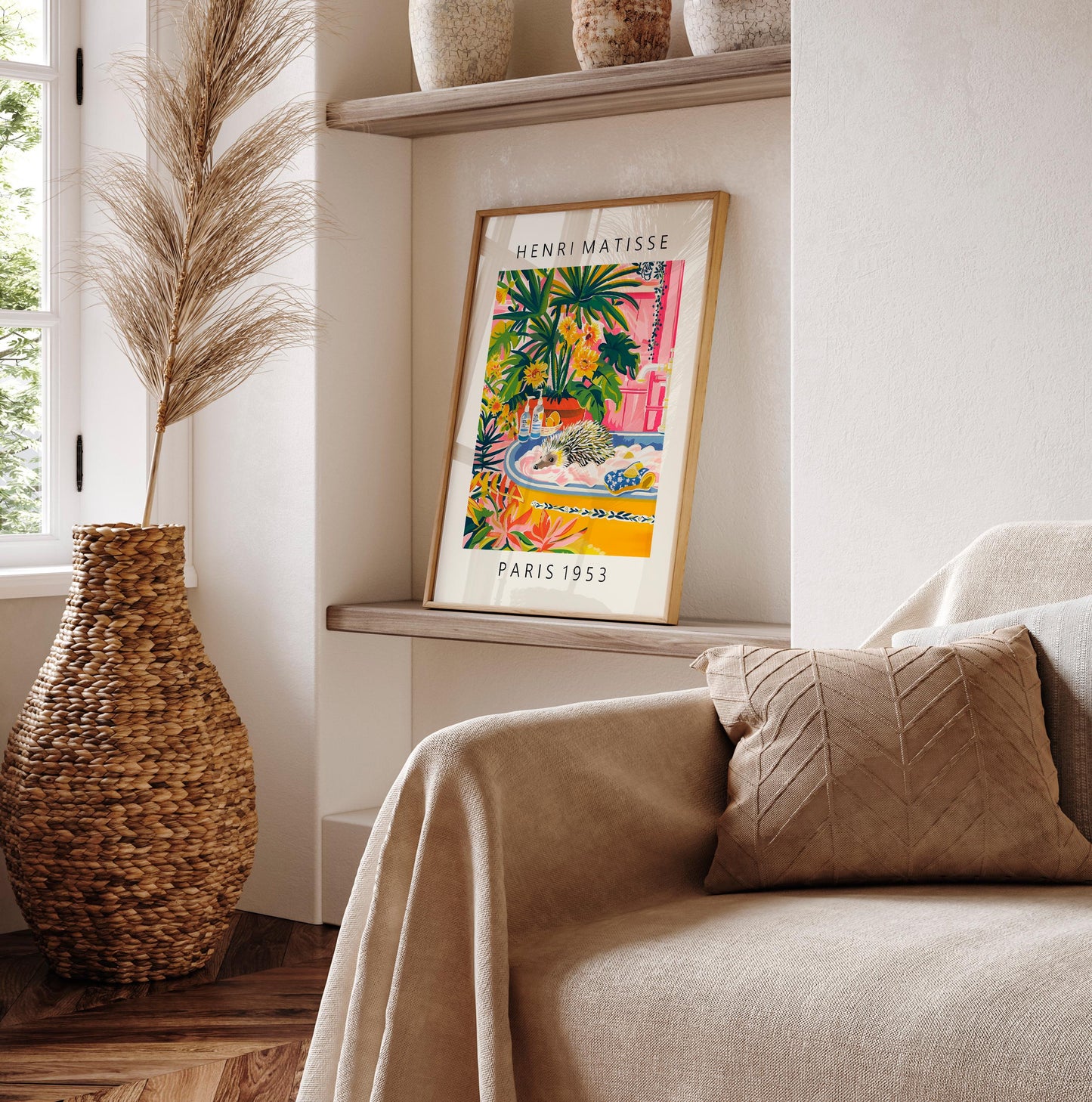 Hedgehog in Bathtub Art Print: Matisse Style Maximalist Decor