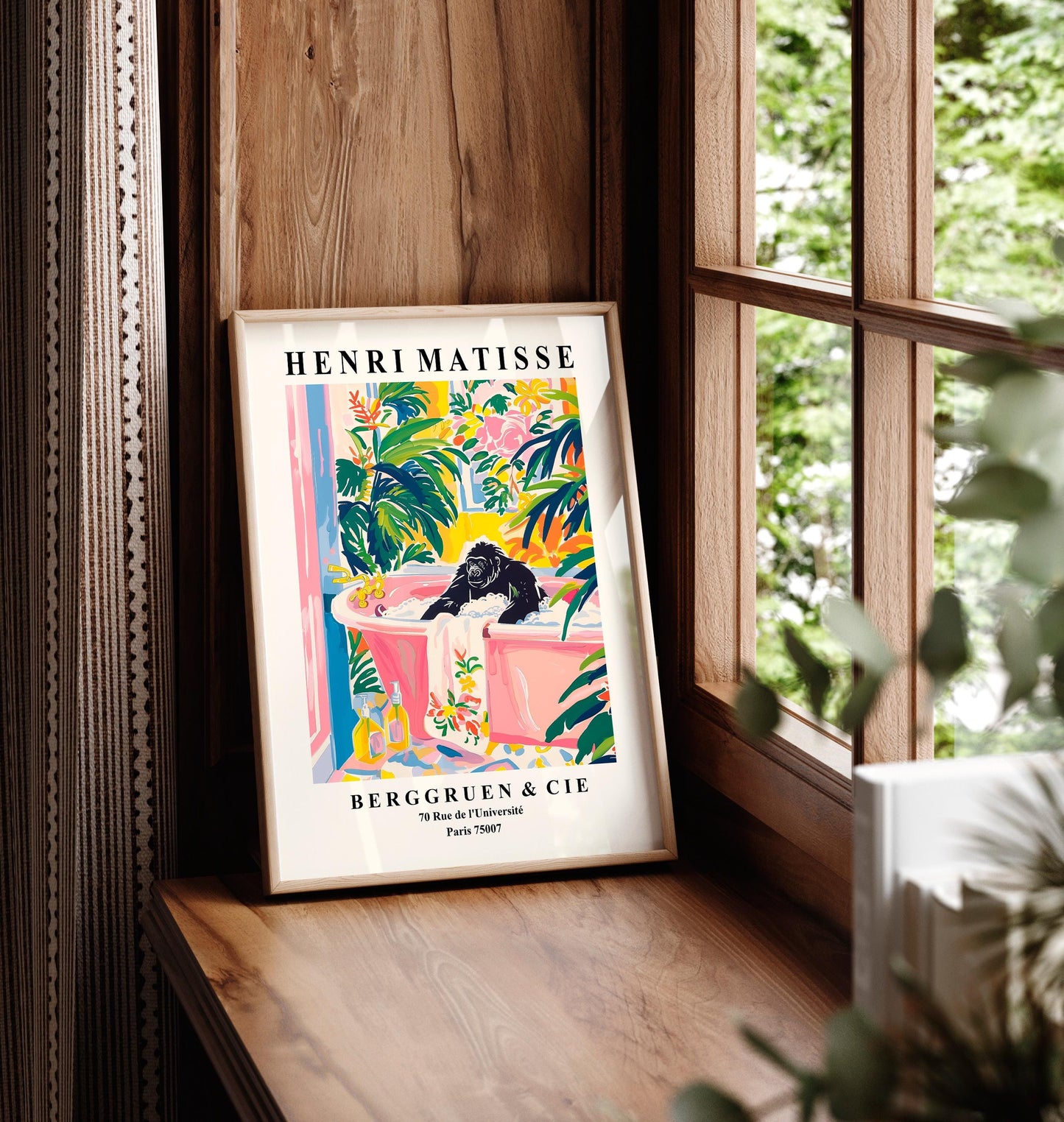 Gorilla in bathtub funny poster, Matisse art print, Maximalist decor, Pink bathroom decor, Animal art print