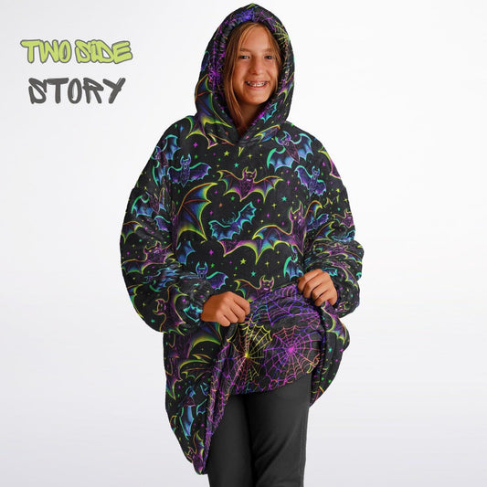 Halloween Print Neon Cobweb Bats Reversible Kids Snug Hoodie,Oversized Double Sided Youth Hoodie Blanket,Warm Blanket Sleeves,Unique Gift