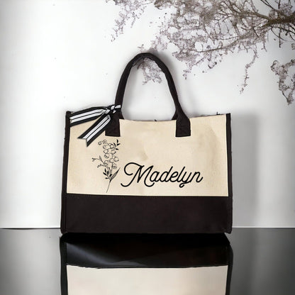 Floral Name Tote, Personalized Canvas Tote, Mothers Day Gifts, Gift for Her, Birth Month Flower Bag, Custom Tote Bag, Reusable Shopping Bag