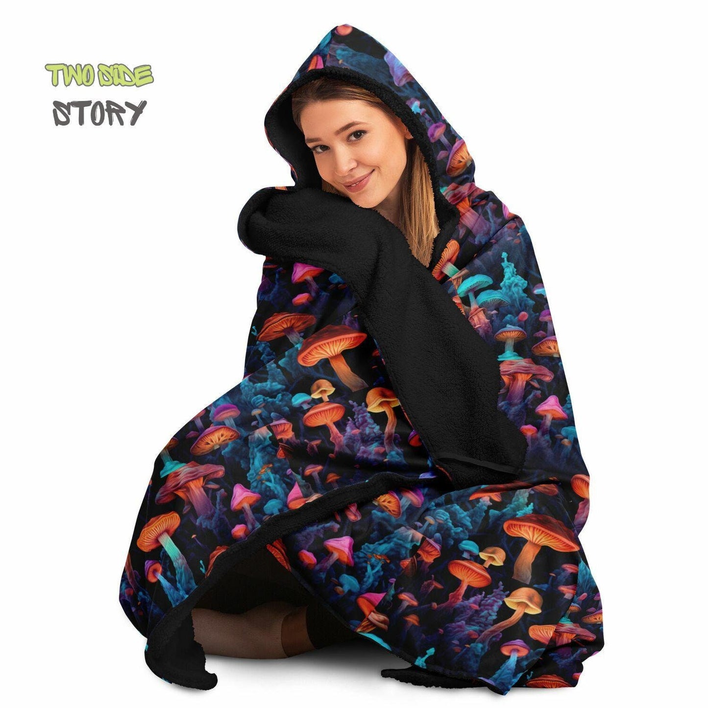 Micro-fleece Psychedelic Mushrooms Hooded Cloak,Psychedelic Clothes,Festival Rave Party Wear,Festival Cape,Psychedelic Cape,Wearable Blanket