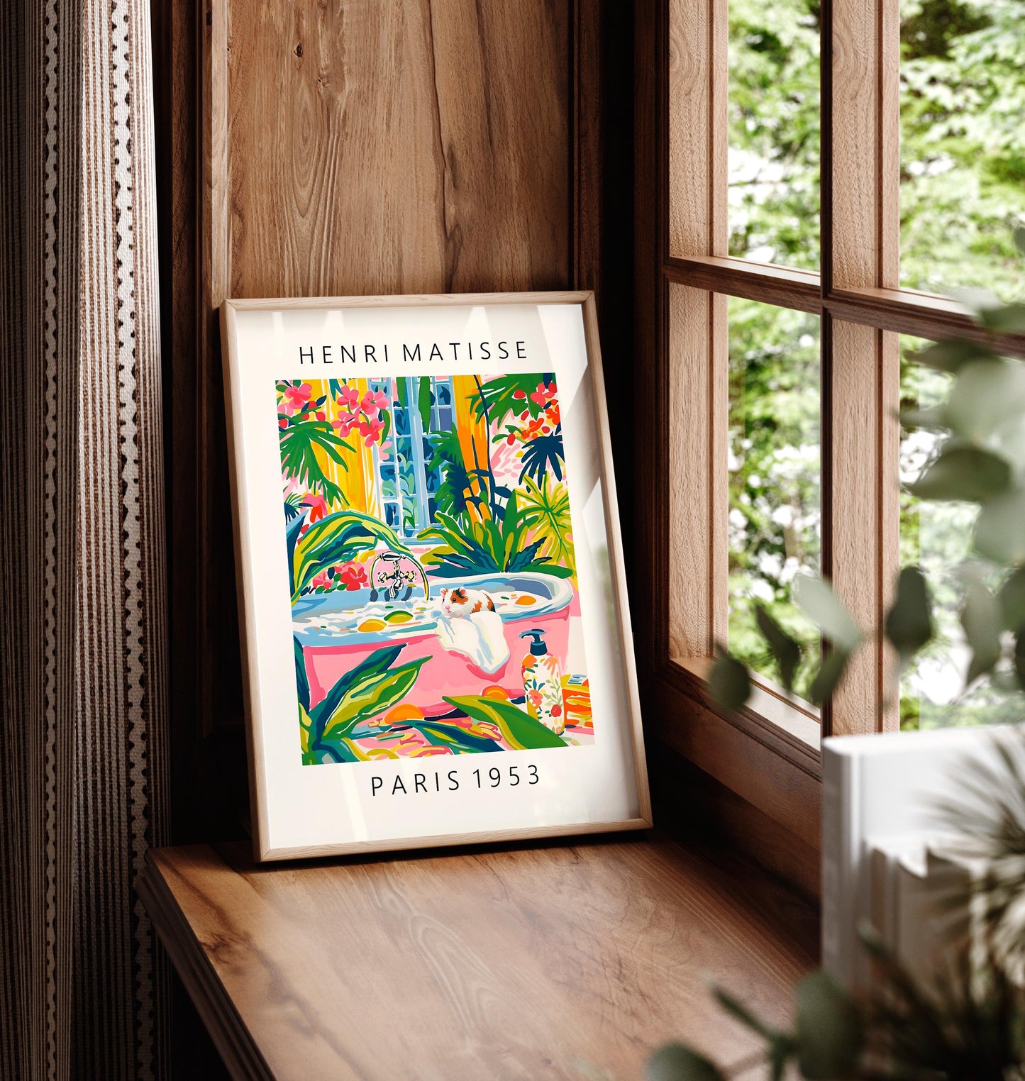 Hamster in Bathtub Art Print: Tropical Bathroom Decor in Matisse Style