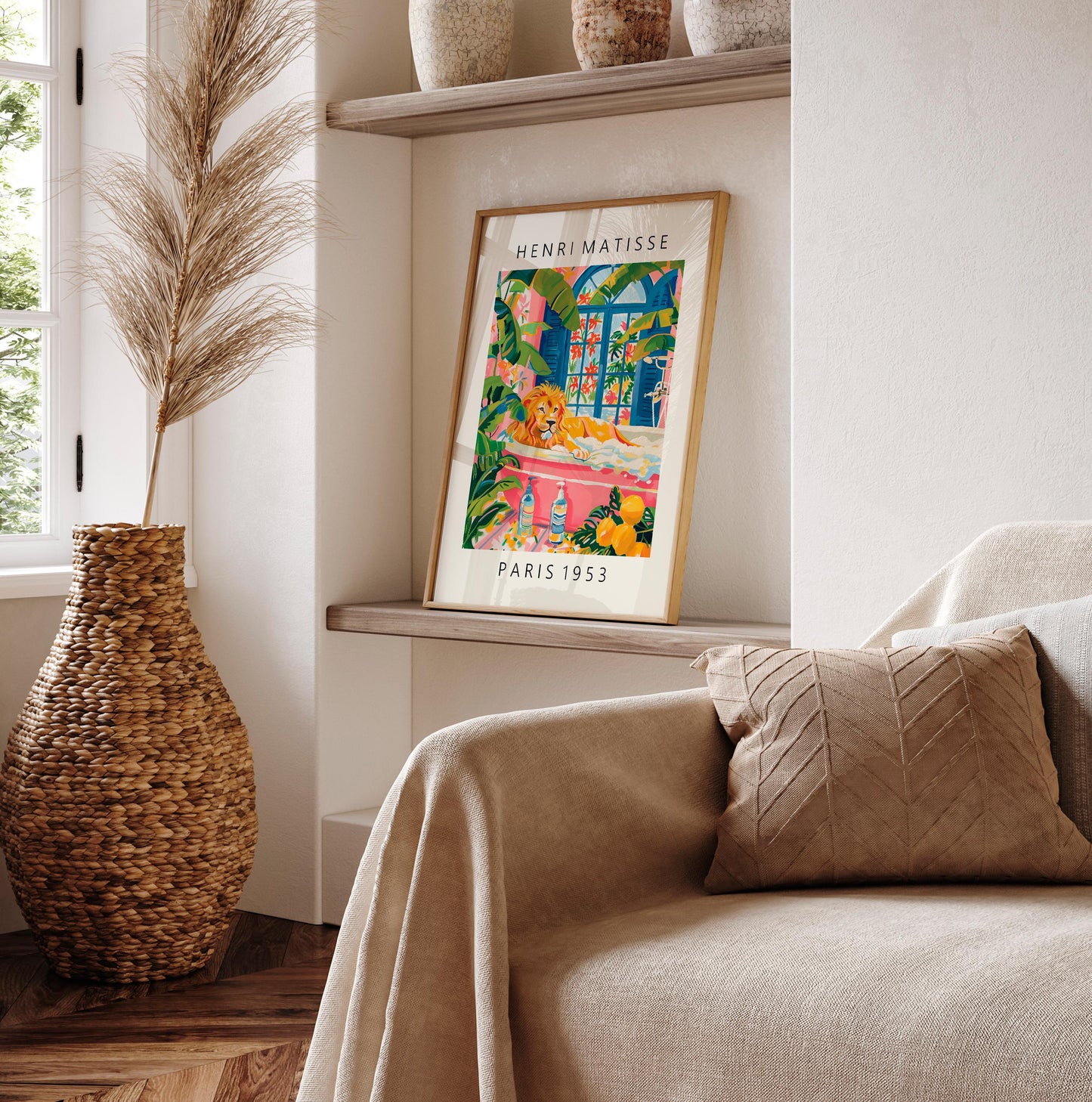 Lion in bathtub poster, Matisse poster, Pink bathroom decor, Animal wall art, Funky decor, Safari art print