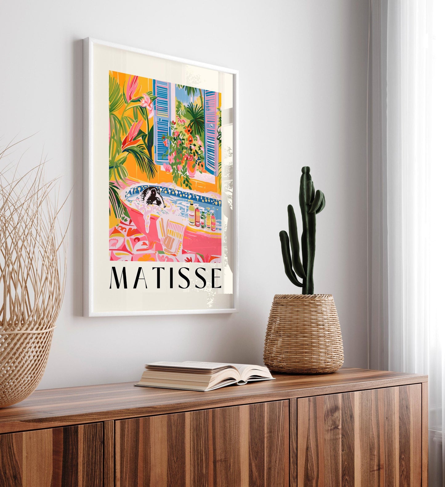 Skunk in Bathtub Art Print: Mid-Century Pink Bathroom Decor