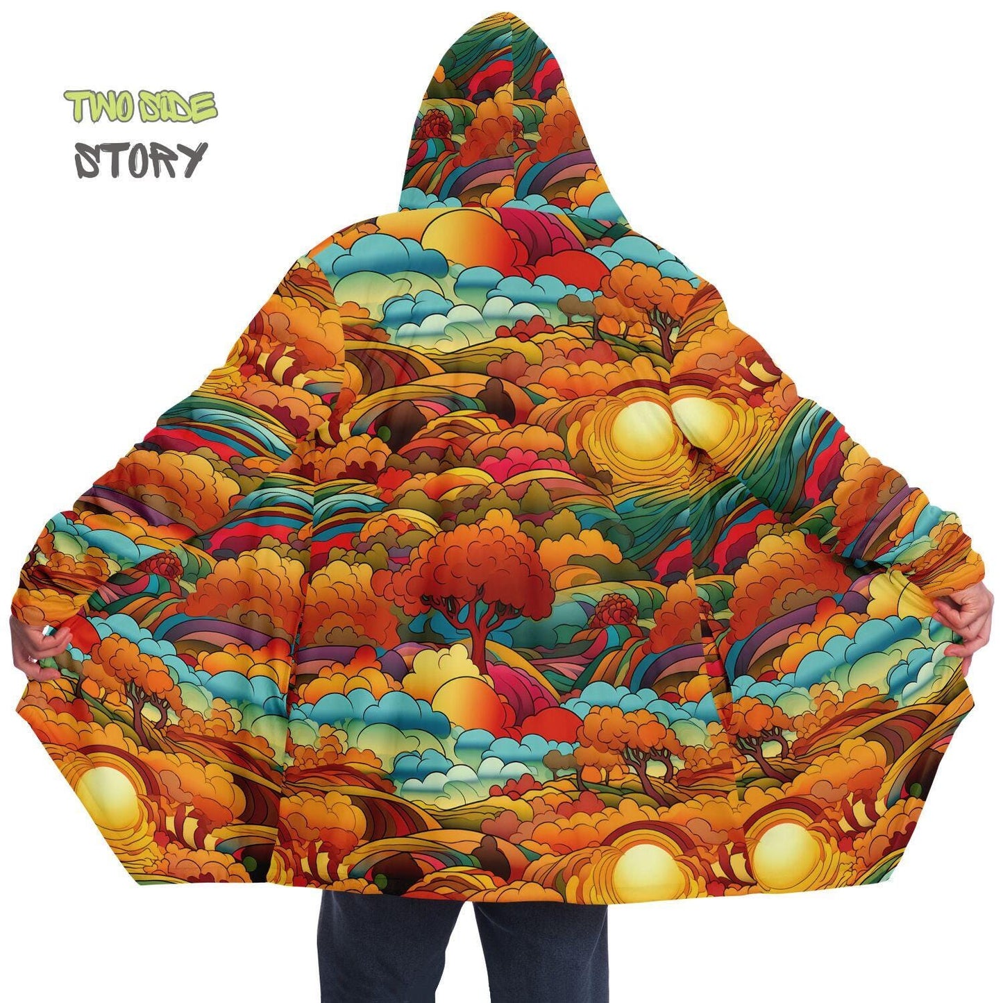 Vivid Colors Micro-fleece Psychedelic Forest Hooded Cloak, Festival Rave Party Wear, EDM Festival Cape, Psychedelic Cape, Men's Rave Cape