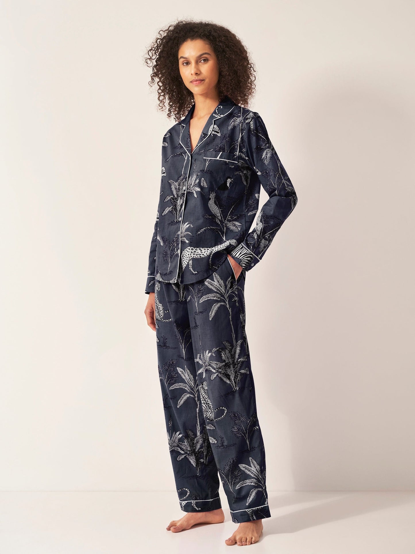 Navy Botanical Jungle Women’s Pyjama Trouser Set | Organic Cotton Long Sleeve PJs | Tropical Leaf Print Sleepwear for Her