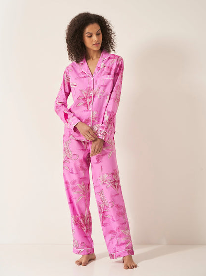 Pink Botanical Jungle Women’s Pyjama Trouser Set | Organic Cotton Long Sleeve PJs | Tropical Leaf Print Sleepwear Gift for Her