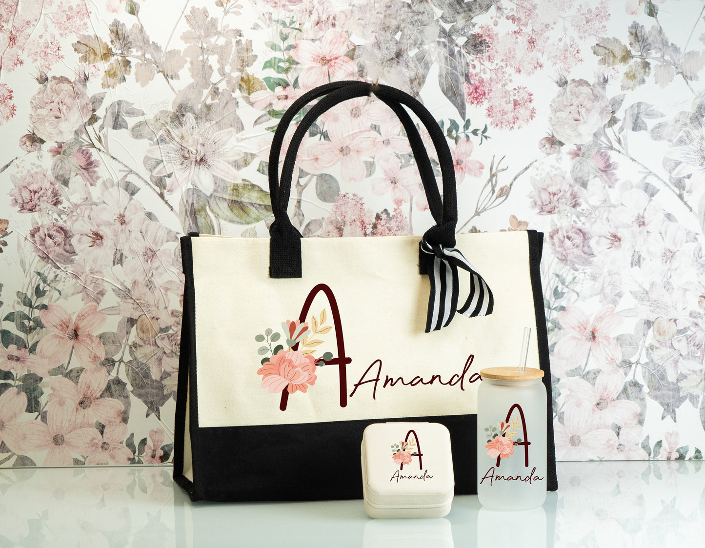 Colorful Initial and Name Gift Set, Canvas Name Tote, Personalized Frosted Glass Tumbler, Vegan Square Jewelry Box, Bridesmaid Gift Sets