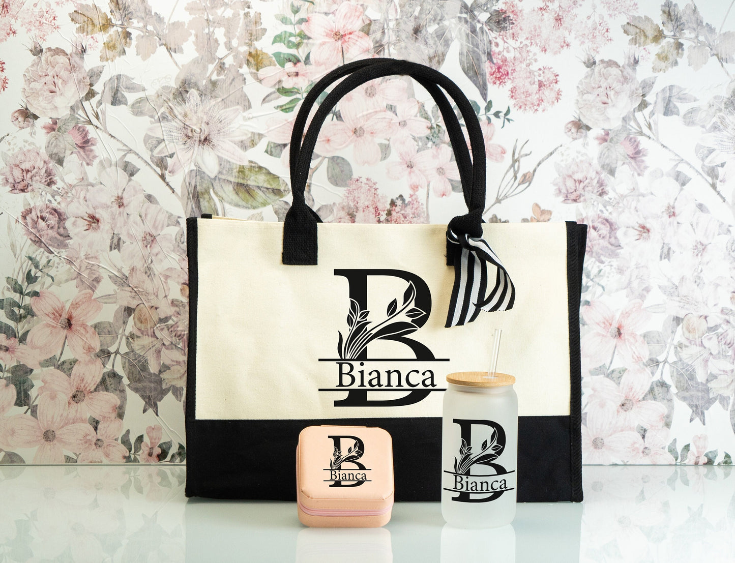 Floral Initial with Name Gift Set, Personalized Bridesmaid Bulk Gifts, Custom Coworker Gifts, Wedding Guest Favors, Bachelorette Gift Sets