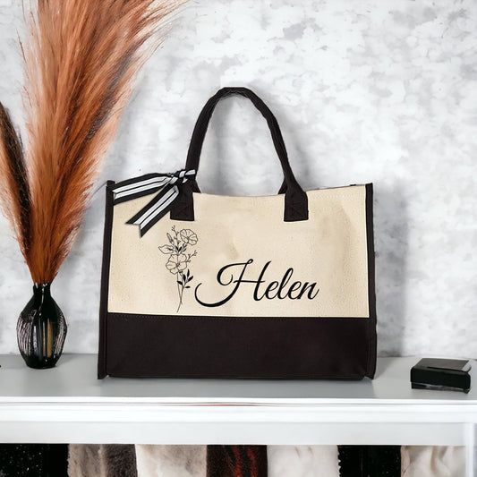 Floral Name Tote, Personalized Canvas Tote, Mothers Day Gifts, Gift for Her, Birth Month Flower Bag, Custom Tote Bag, Reusable Shopping Bag