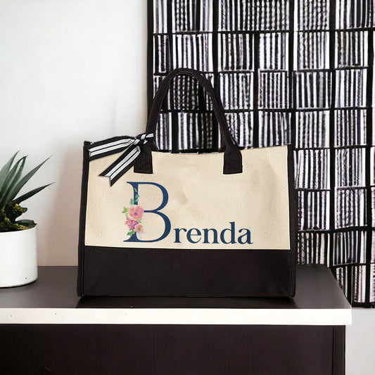 Custom Name Tote Bag, Mothers Day Gift, Floral Tote Bag for Women, Customized Shoulder Bag, Personalized Handbag Gift,Large Tote Bag for Her