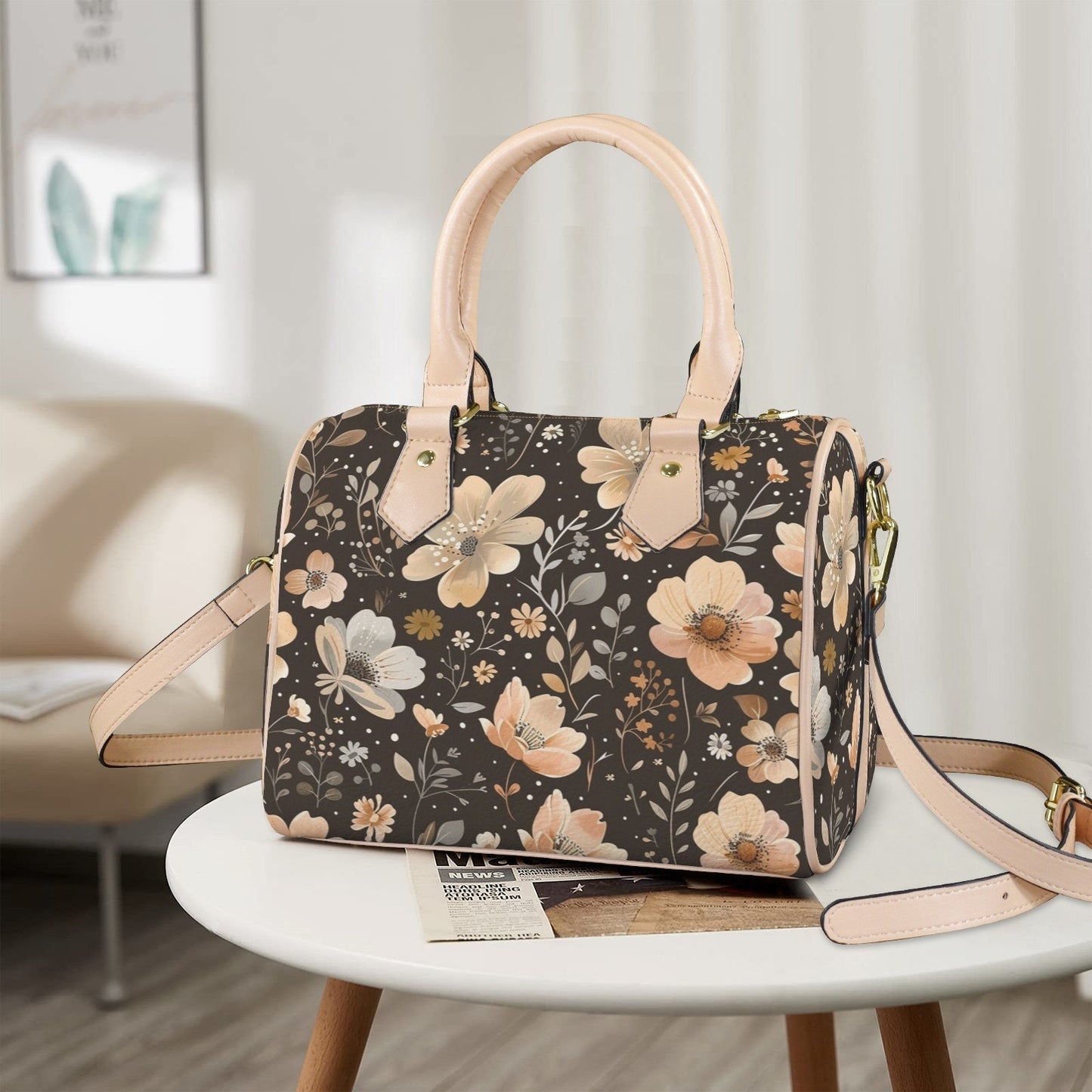 Blossom Brownie Leather Boston Handbag. Waterproof PU Leather Handbag, Top Handle Vegan Leather, Crossbody, Shoulder bag.