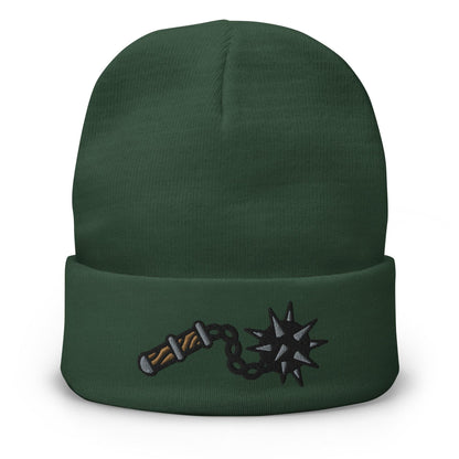 Ball and Chain Flail Beanie, Traditional Tattoo Beanie, Tattoo Inspired Clothing, Embroidered Beanie, Medieval Weapon, Gothic Style