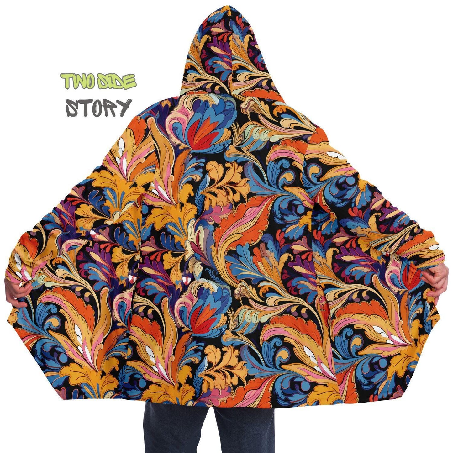 Micro-fleece Psychedelic Paisley Print Hooded Cloak,Festival Rave Party Wear EDM Festival Cape, Psychedelic Cape,Men's Rave Cape,Psy Clothes