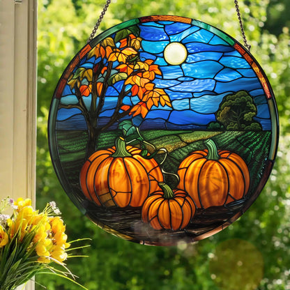 Moonlit Pumpkin Patch: Stained Glass Style Window Hanging