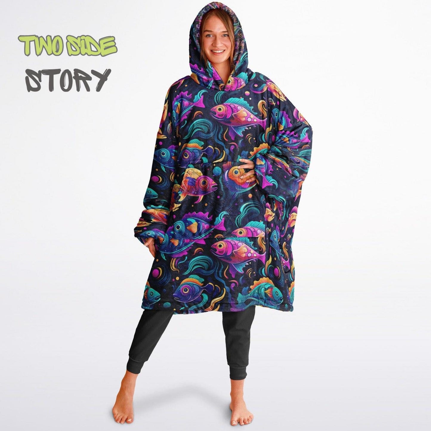 Unisex Reversible Snug Hoodie,Psychedelic Fish Trippy Print Blanket Hoodie,Festival Rave Party Wear,Oversized Hoodie Blanket,Unique Gifts