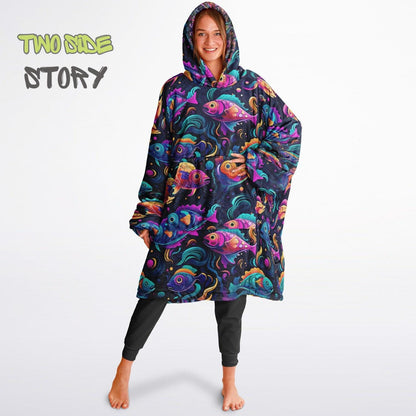 Unisex Reversible Snug Hoodie,Psychedelic Fish Trippy Print Blanket Hoodie,Festival Rave Party Wear,Oversized Hoodie Blanket,Unique Gifts