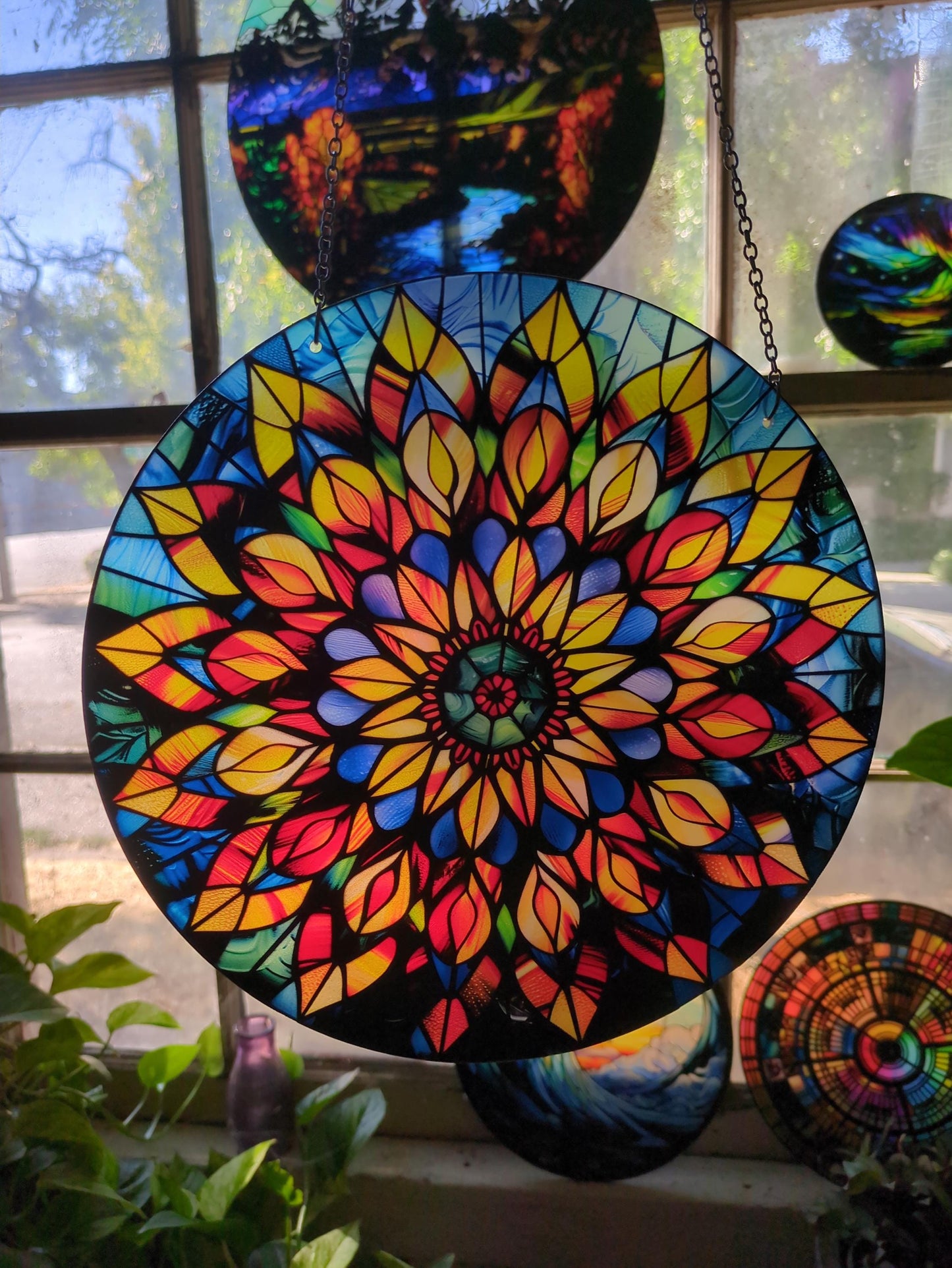 Jeweled Mandala: Stained Glass Style Window Hanging Made With Real Glass