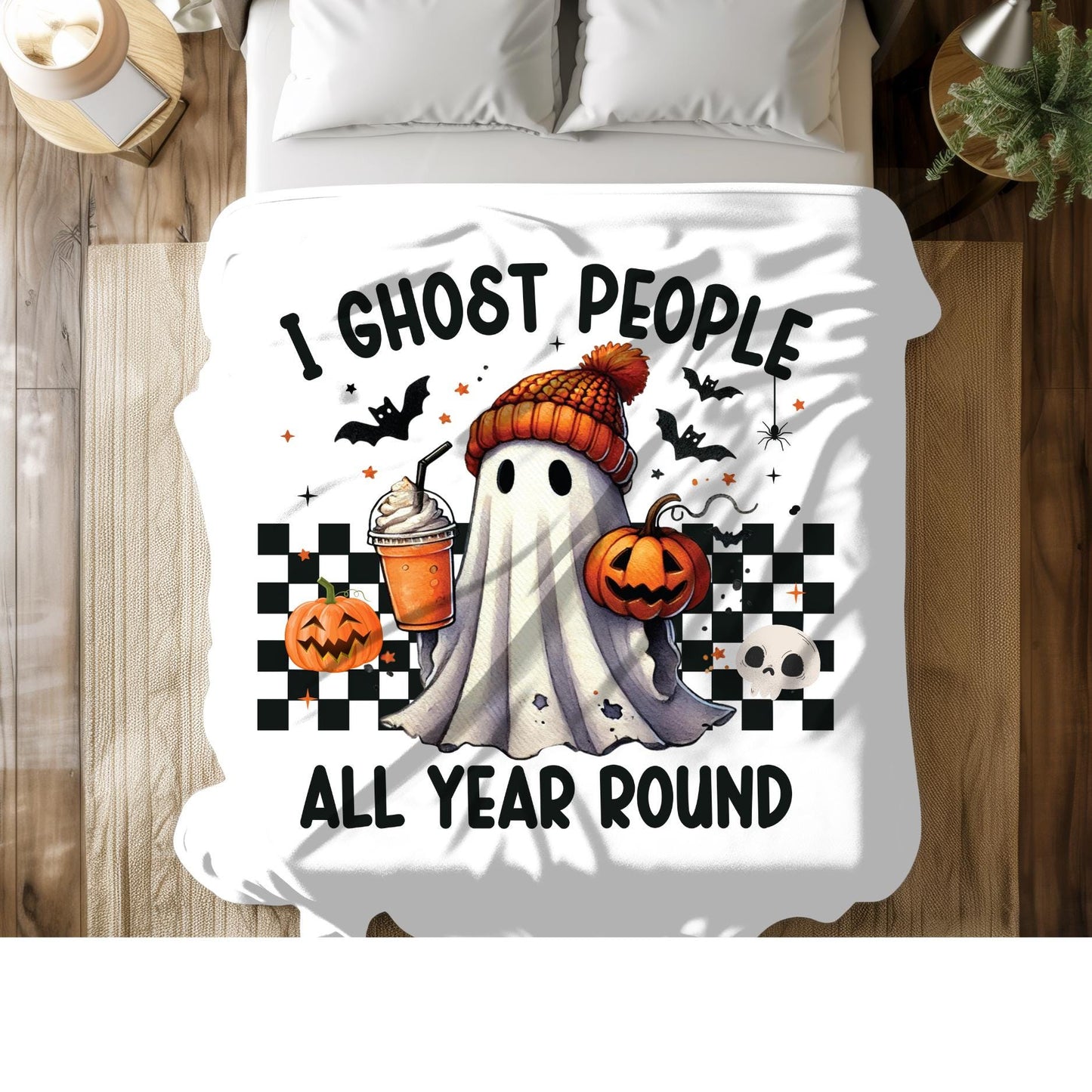 Funny Halloween Blanket | Ghost Blanket | Funny Ghost Throw | Spooky Ghost with Coffee Blanket | Ghost Iced Coffee Blanket