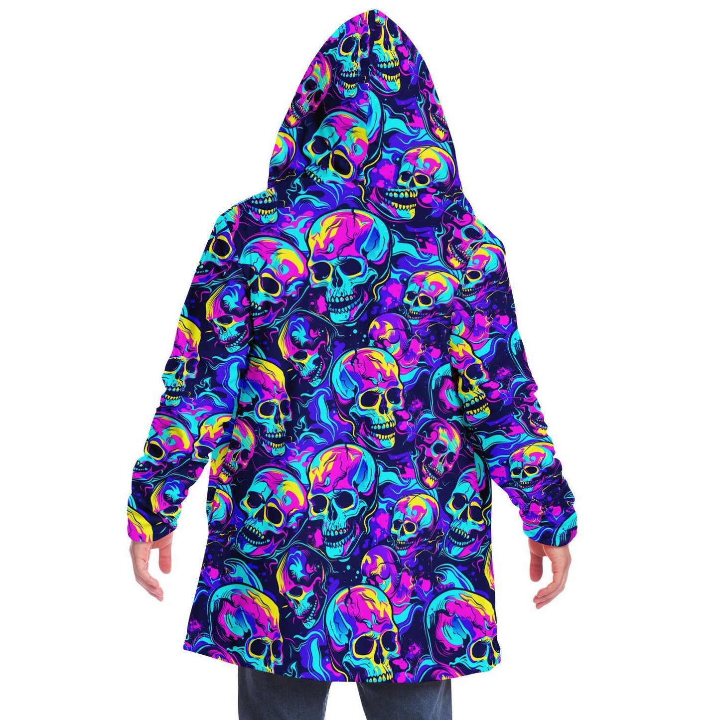 Unisex Micro-fleece Neon Skulls Print Hooded Cloak,Festival Rave Party Wear,Soft Halloween Cape,Vivid Colors EDM Festival Cape,Unique Gifts