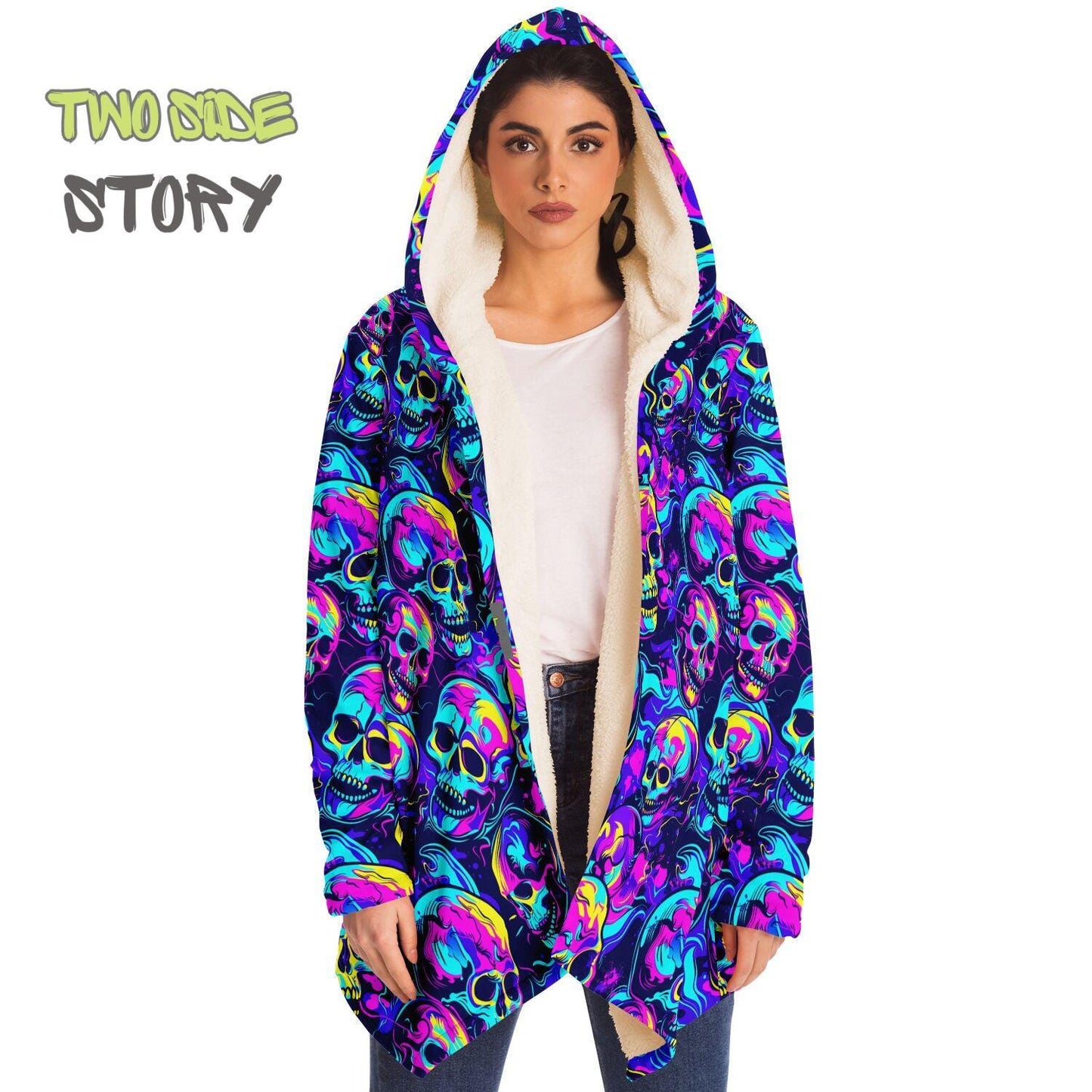 Unisex Micro-fleece Neon Skulls Print Hooded Cloak,Festival Rave Party Wear,Soft Halloween Cape,Vivid Colors EDM Festival Cape,Unique Gifts