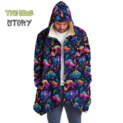 Unisex Micro-fleece Psychedelic Fish Hooded Cloak,Festival Rave Party Wear,Soft Halloween Cape,Vivid Colors EDM Festival Cape,Unique Gifts