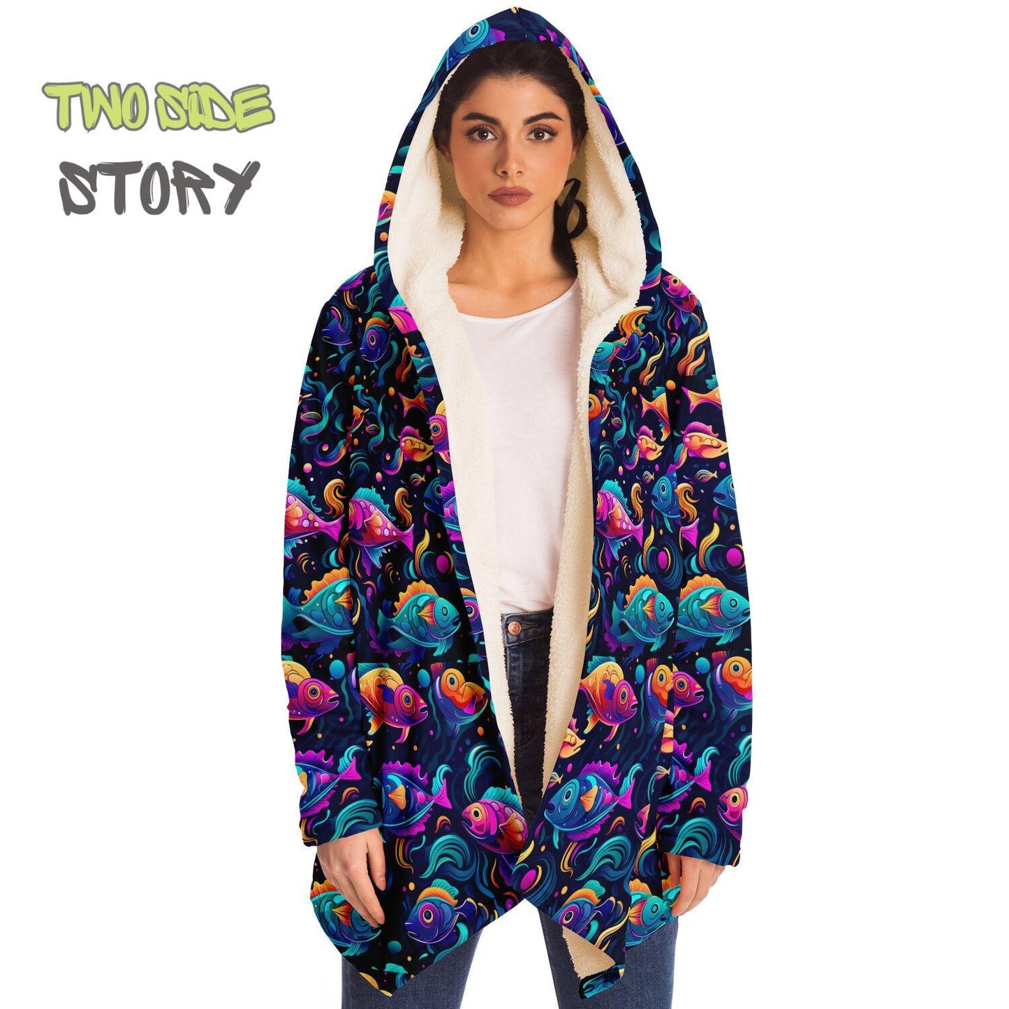 Unisex Micro-fleece Psychedelic Fish Hooded Cloak,Festival Rave Party Wear,Soft Halloween Cape,Vivid Colors EDM Festival Cape,Unique Gifts