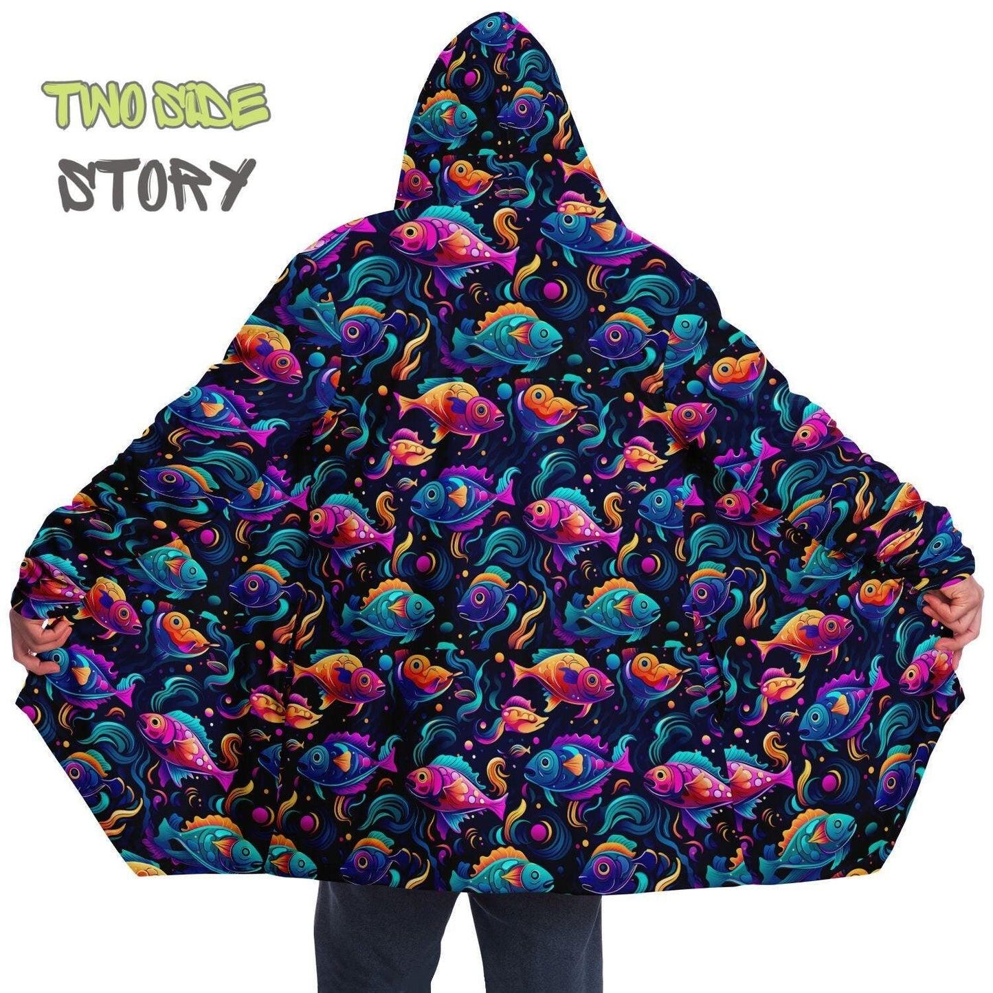 Unisex Micro-fleece Psychedelic Fish Hooded Cloak,Festival Rave Party Wear,Soft Halloween Cape,Vivid Colors EDM Festival Cape,Unique Gifts