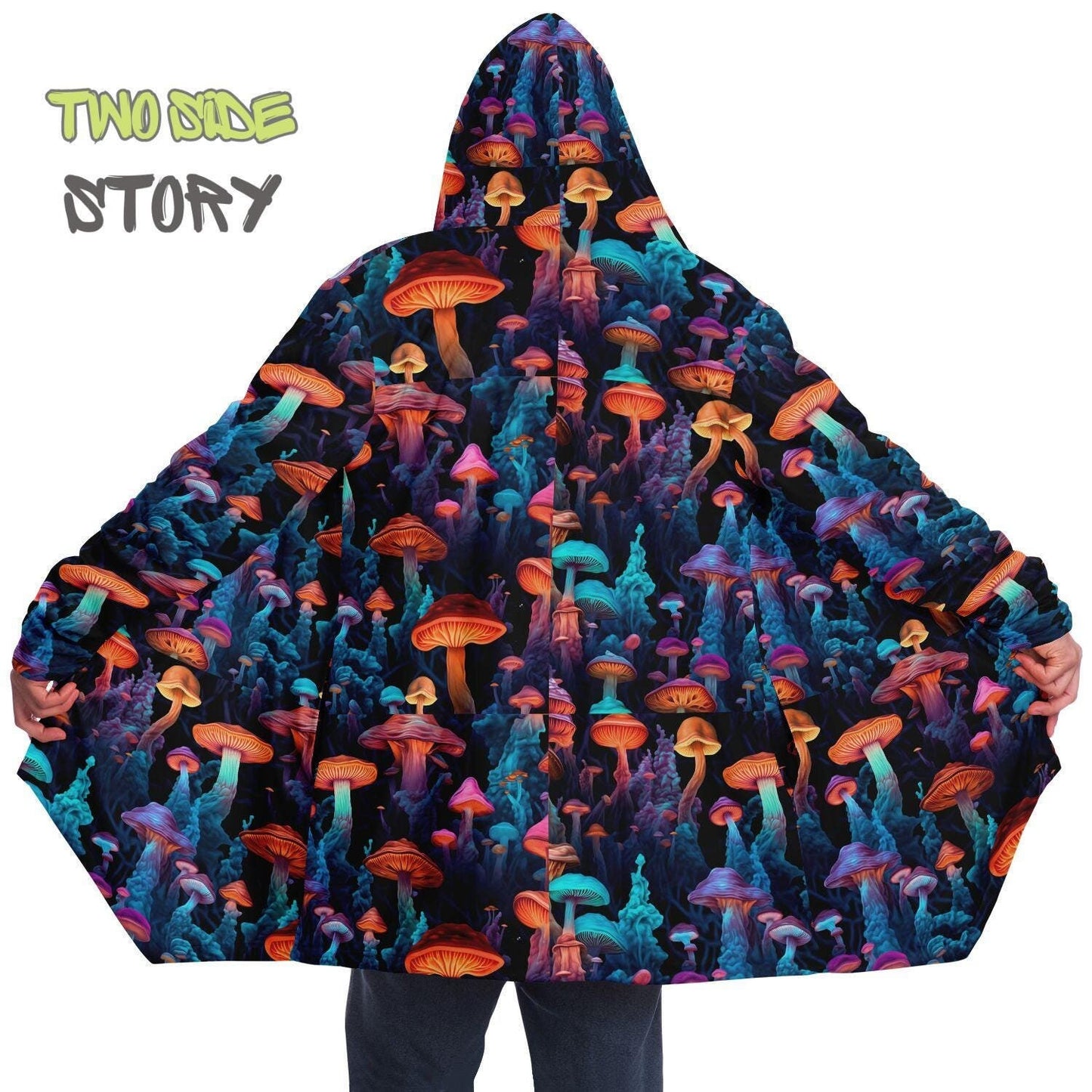 Unisex Micro-fleece Psychedelic Mushrooms Hooded Cloak,Festival Rave Party Wear,Halloween Cape,Vivid Colors EDM Festival Cape,Unique Gifts