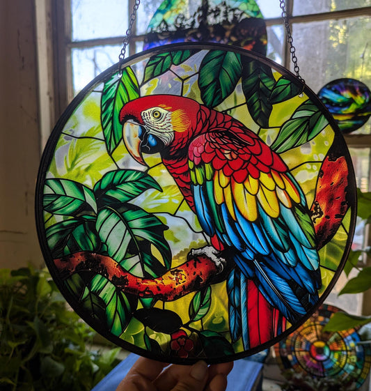 Scarlet Macaw: Stained Glass Style Window Hanging