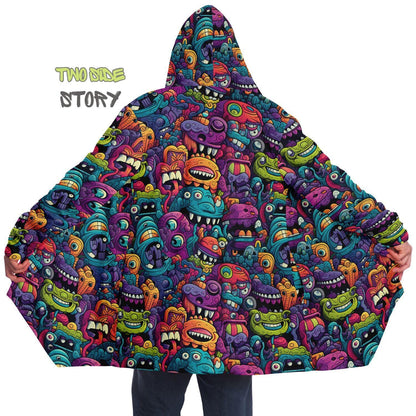 Halloween Monsters Micro-fleece Printed Hooded Cloak,Festival Rave Party Wear,Halloween Cape,EDM Festival Cape, Unique Gifts,Men's Rave Cape