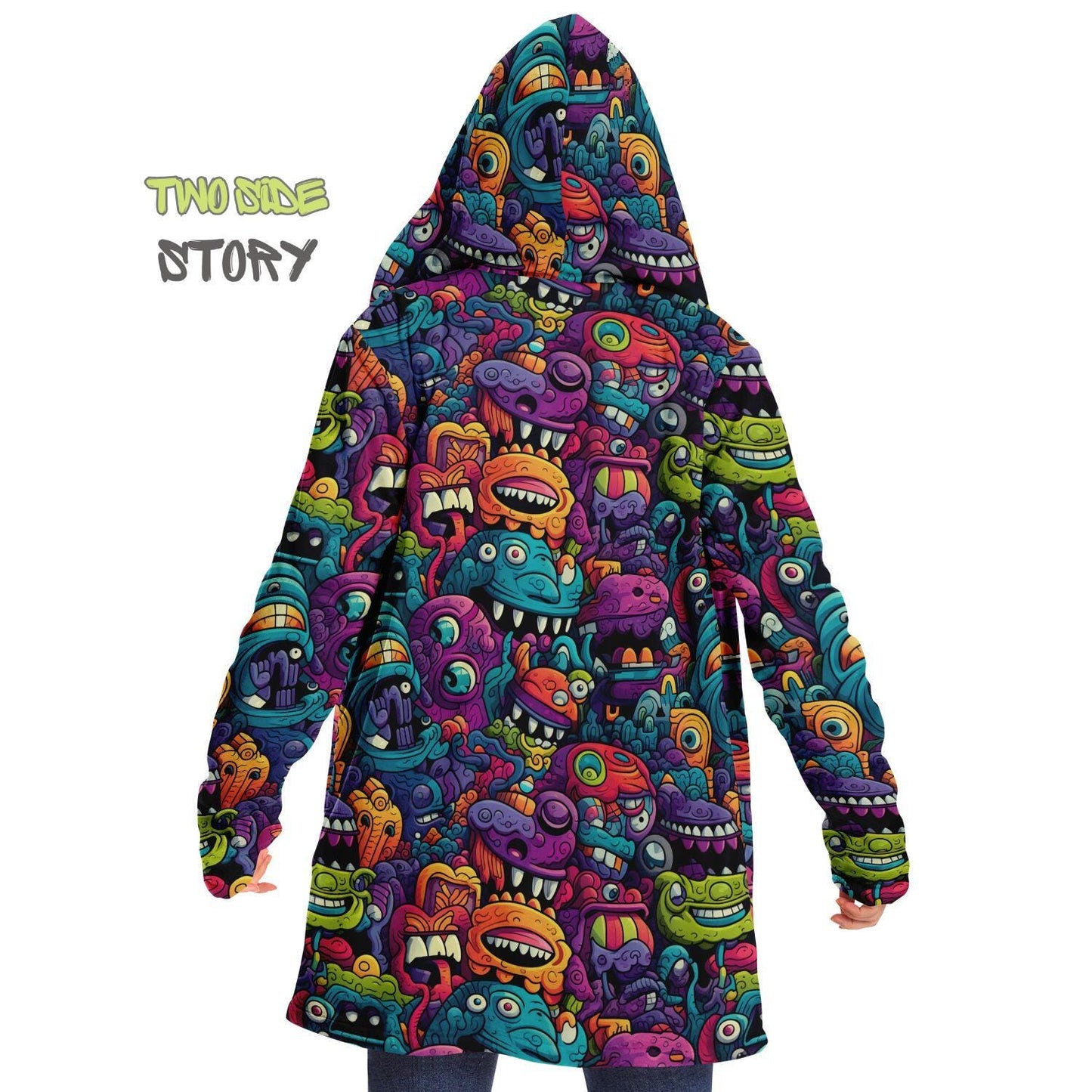Halloween Monsters Micro-fleece Printed Hooded Cloak,Festival Rave Party Wear,Halloween Cape,EDM Festival Cape, Unique Gifts,Men's Rave Cape