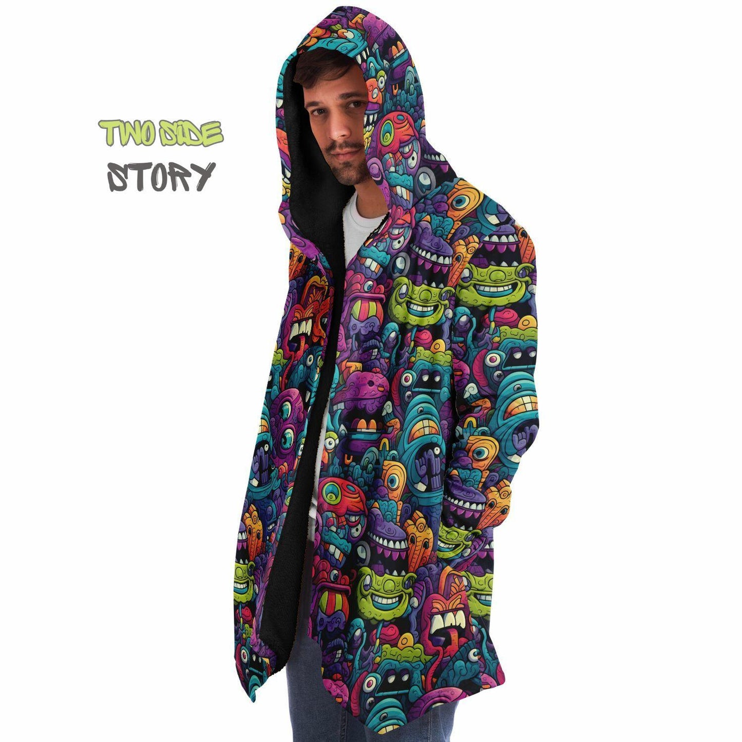 Halloween Monsters Micro-fleece Printed Hooded Cloak,Festival Rave Party Wear,Halloween Cape,EDM Festival Cape, Unique Gifts,Men's Rave Cape