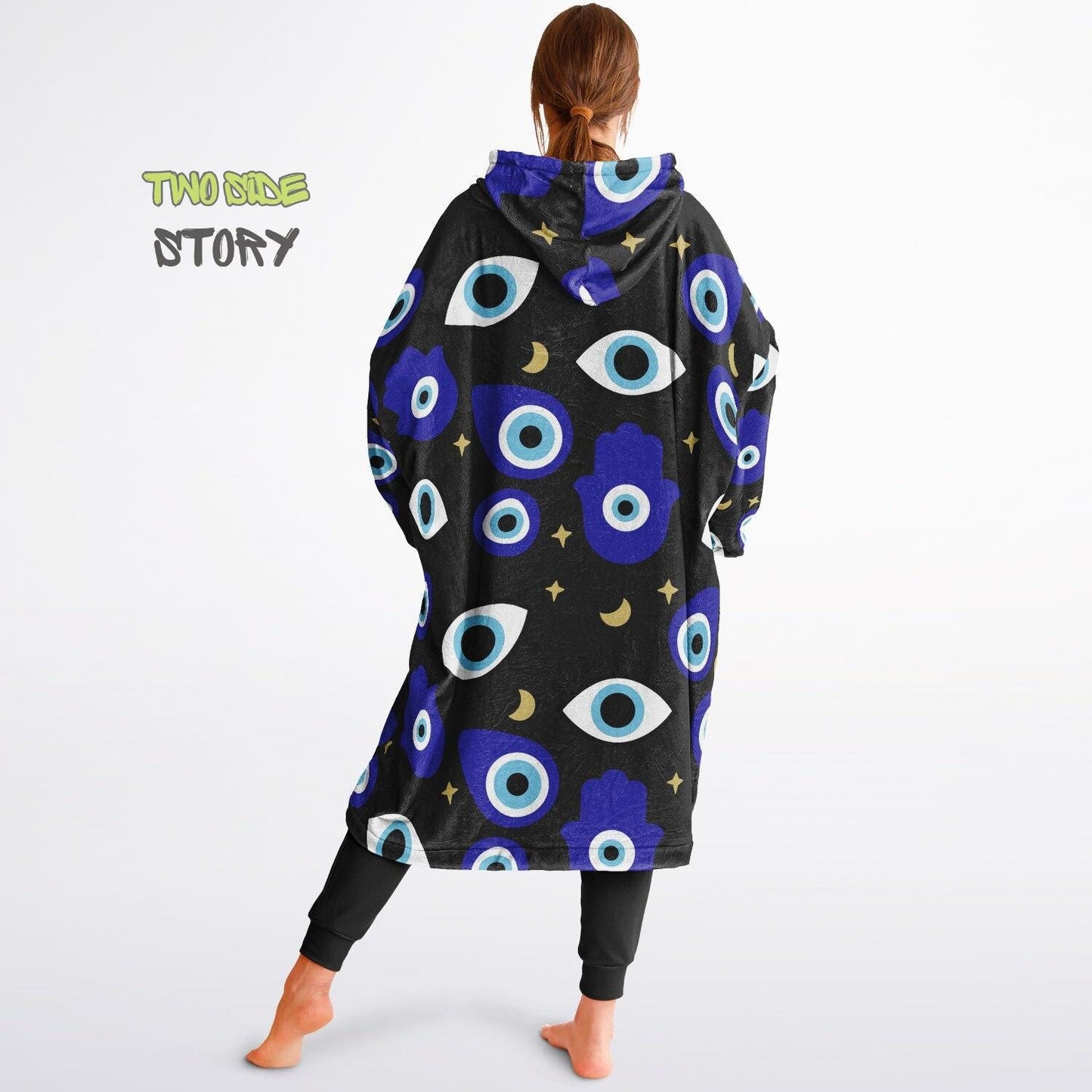 Unisex Evil Eye Print Snug Hoodie,Mykonos Eye Printed Hooded Blanket,Blanket Sleeves,Lounge Wear,Unique,Novelty Gift,Birthday Christmas Gift