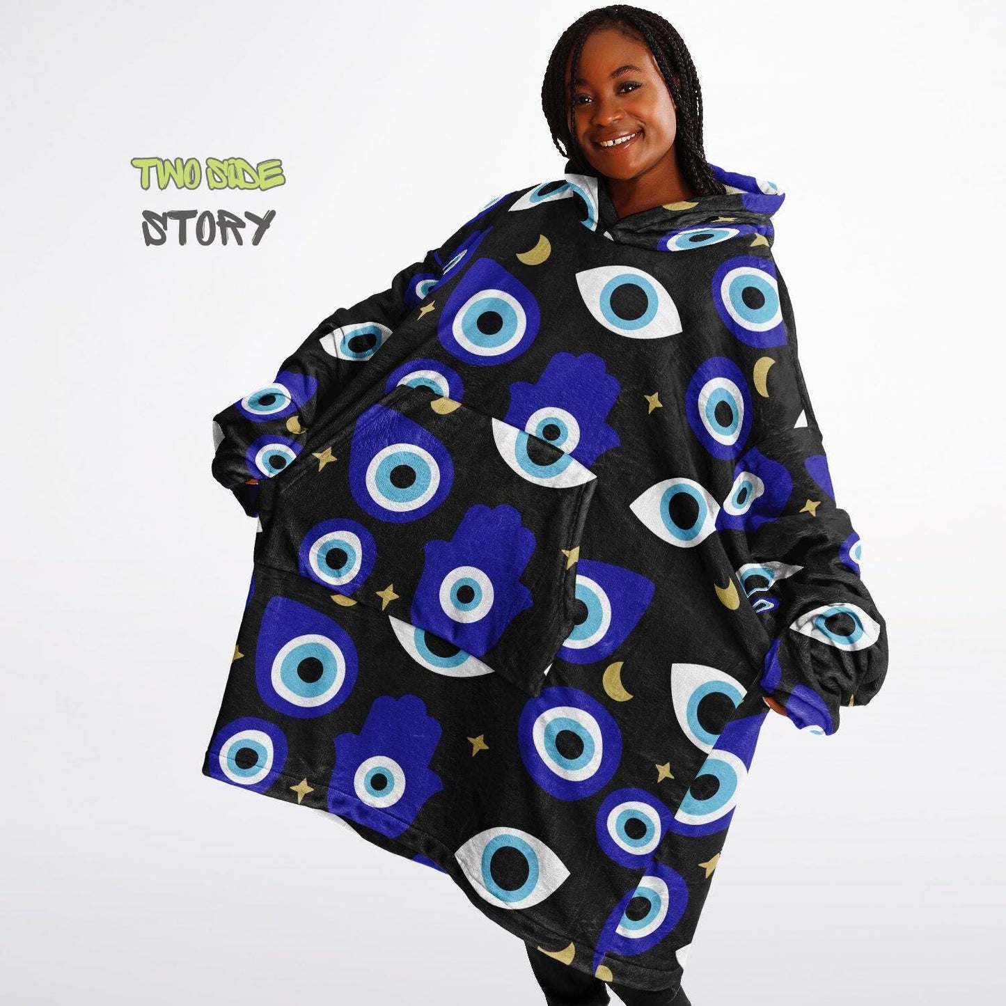 Unisex Evil Eye Print Snug Hoodie,Mykonos Eye Printed Hooded Blanket,Blanket Sleeves,Lounge Wear,Unique,Novelty Gift,Birthday Christmas Gift