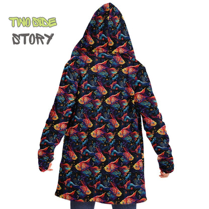 Unique Micro-fleece Psychedelic Fish Hooded Cloak,Festival Rave Party Wear,Soft Halloween Cape,Vivid Colors EDM Festival Cape,Unique Gifts