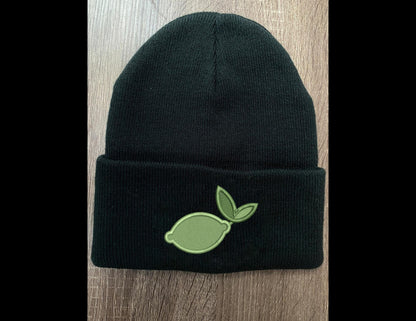Embroidered Cute LIME Beanie, Green Lime w Stem & Leaf Winter Hat, Cute Garden Beanie, Nature Plant Winter Hat, Cute Fruit Gift
