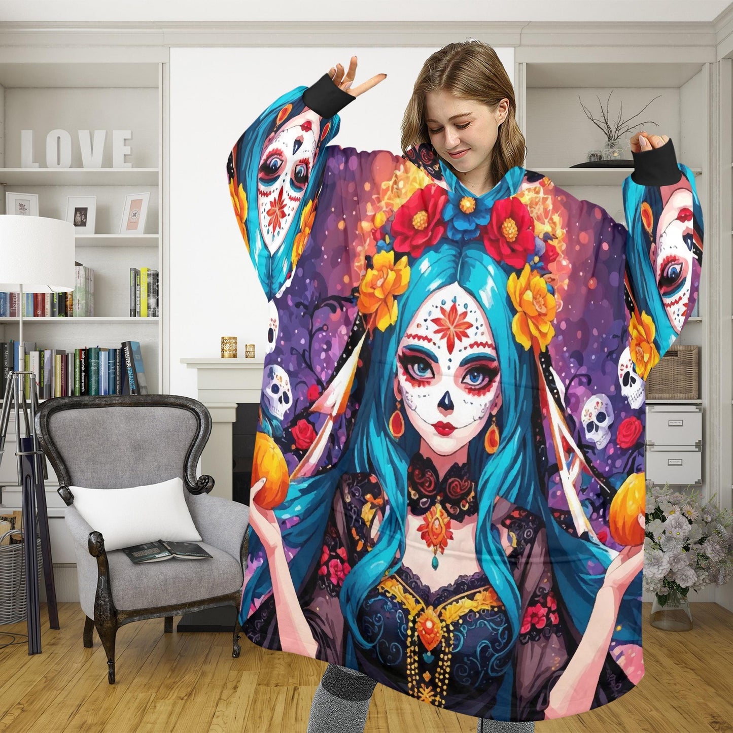 Día De Los Muertos Blanket Hoodie Personalized Fleece Loungewear