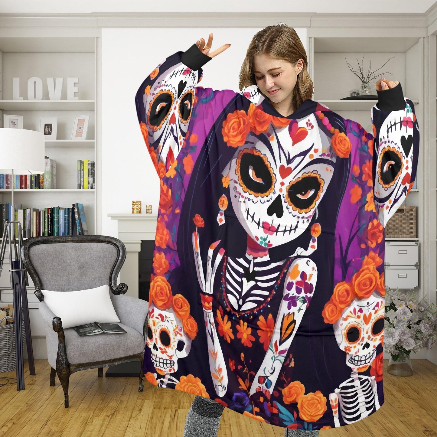 Día De Los Muertos Blanket Hoodie Personalized Fleece Loungewear